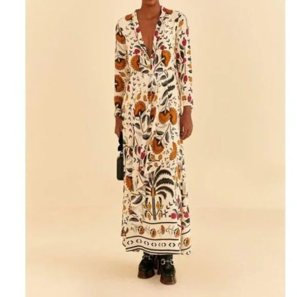 Farm Rio Palms Paradise Sand Long Sleeve V-Neck Floral Maxi Dress L - Picture 2 of 16